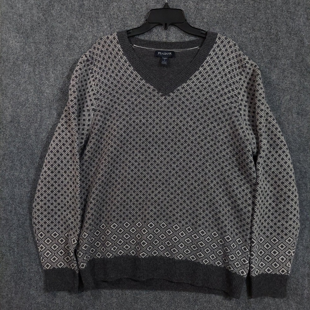 Jos. A. Bank‎ Sweater Mens Large Gray Tailored Fit V Neck Wool Blend Diamond
